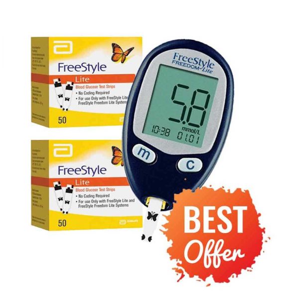 Abbott Freestyle Blood Glucose Monitor + Abbott Freestyle Lite Strips 2 package of 50 strips.