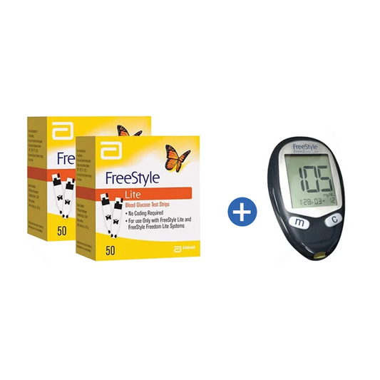 Abbott Freestyle Blood Glucose Monitor + Abbott Freestyle Lite Strips 2 package of 50 strips.